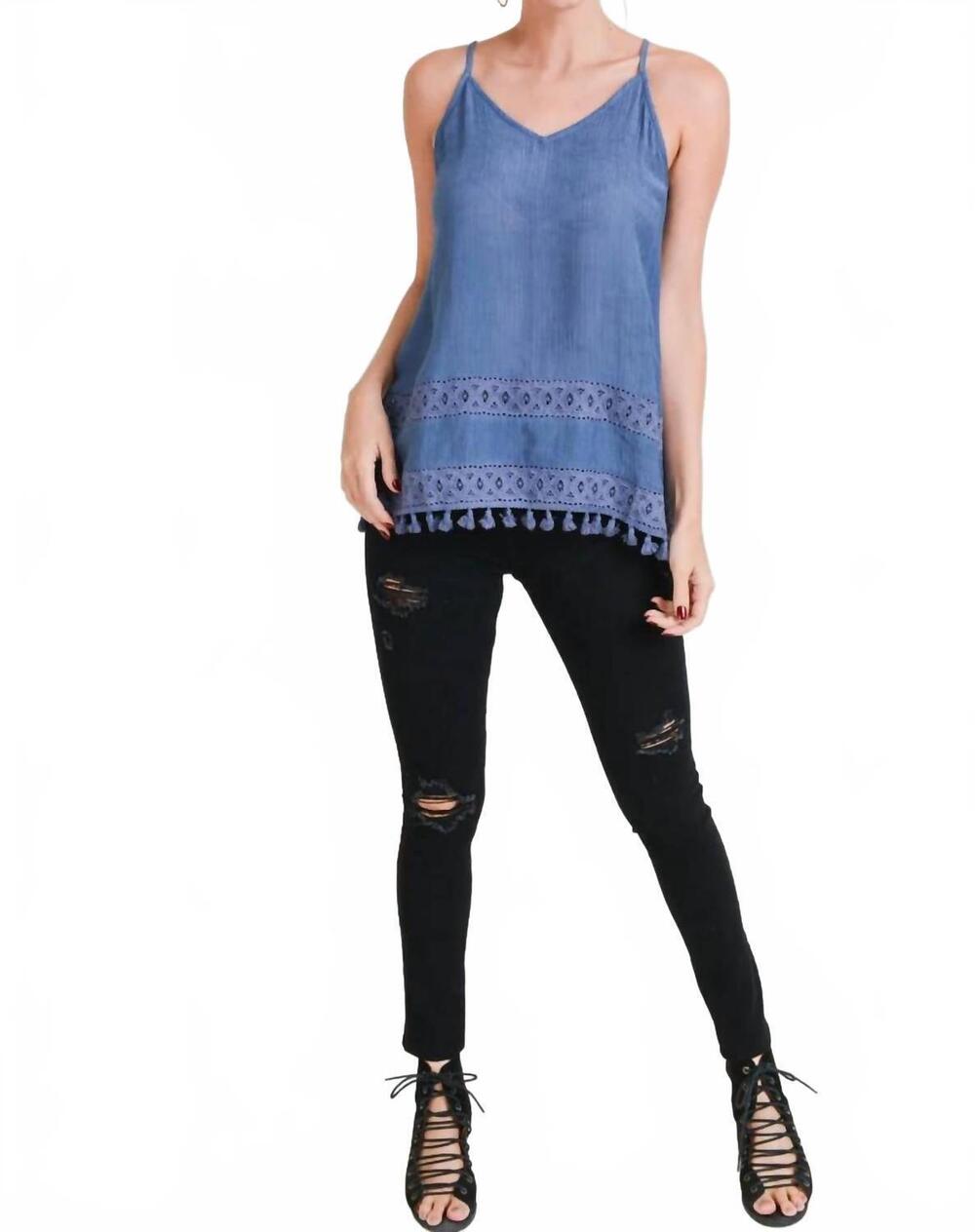 NEW DOE AND RAE evelyn embroidered tank top with tassel in denim blue